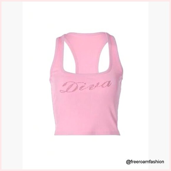 Rhinestone Letter Racerback Crop Tank Top Rib Knit Square Neck Sleeveless - Picture 5 of 7